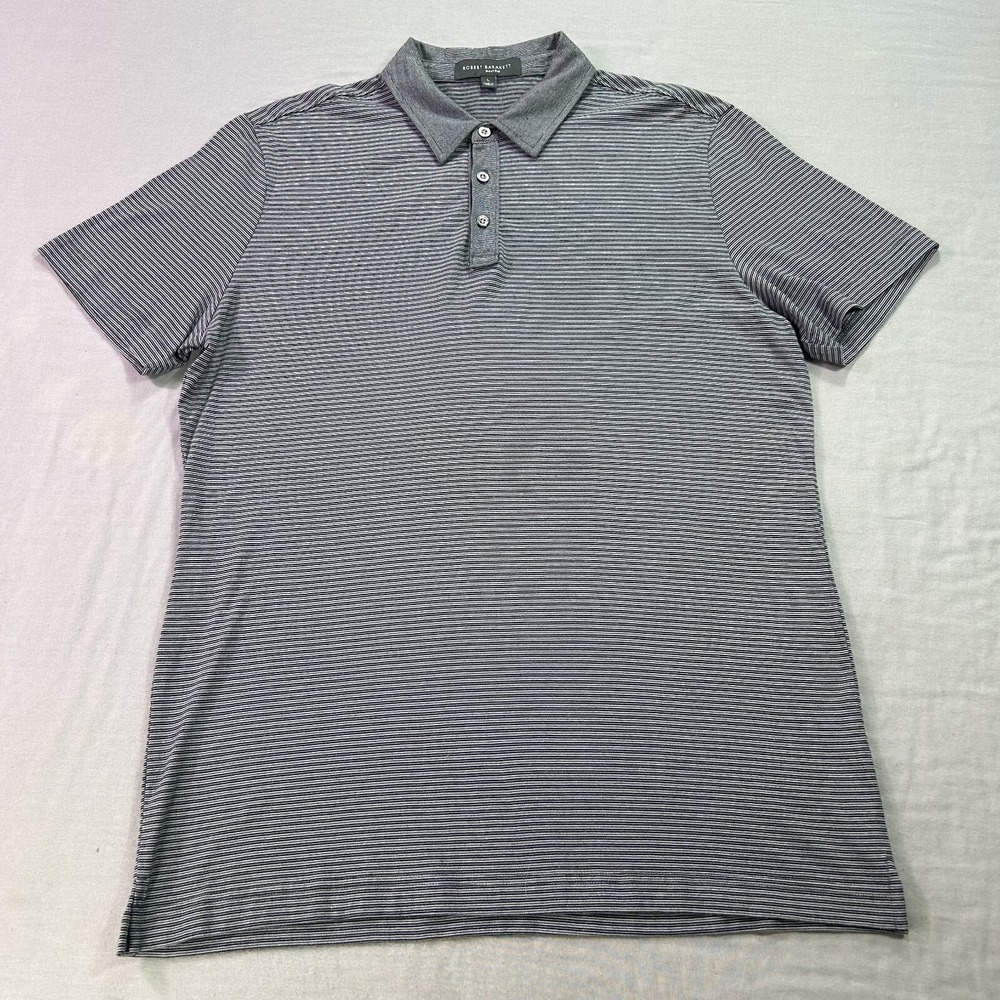 Robert Barakett Polo Shirt Adult Large Gray Striped Slim‎ Cotton Casual Mens